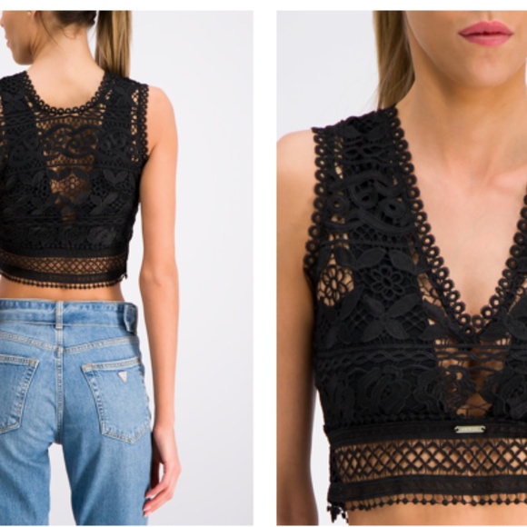 Guess Tiffany Black Lace Crop V Neck Top Sz M EUC - Picture 6 of 16